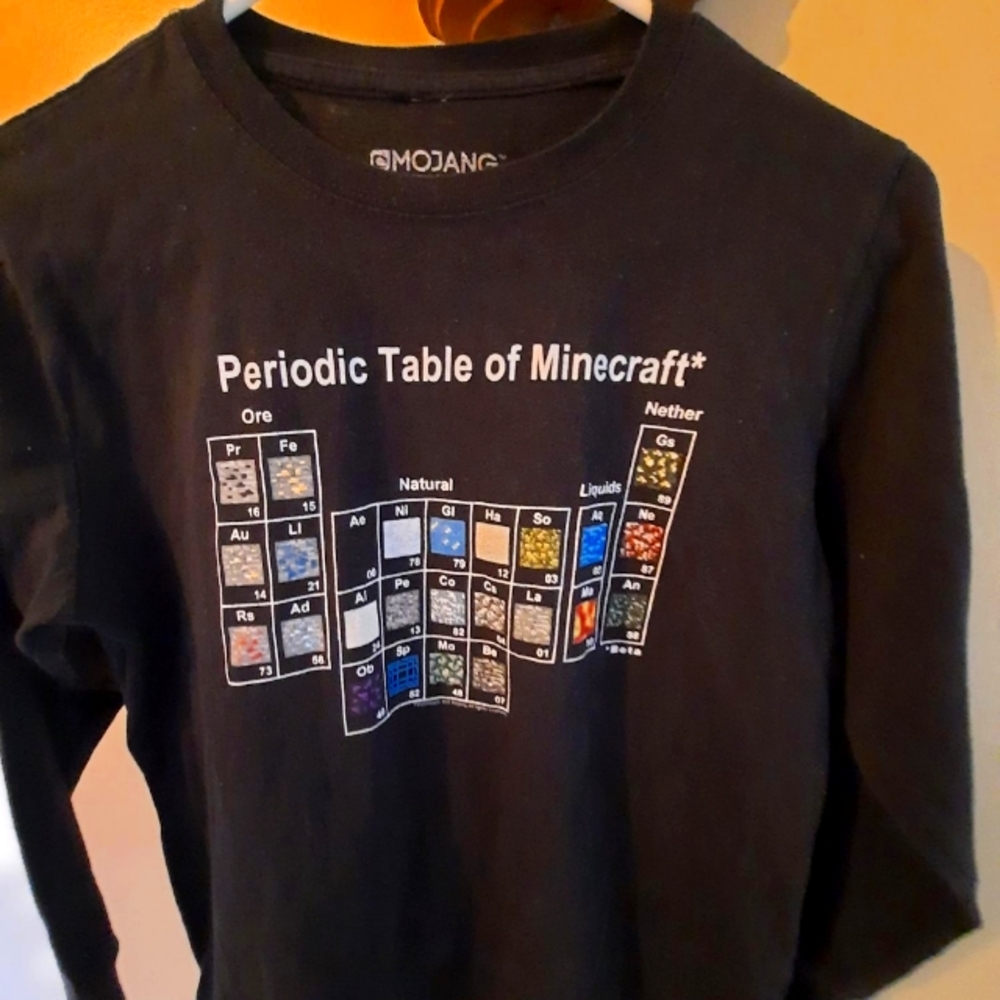 Minecraft Periodic Table, black long sleeve cotton tee. Size 10/12
